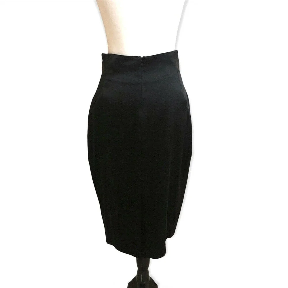 STELLA & JAMIE NWT Satin Straight Skirt M Pleated Paperbag Hight Waisted Black - Picture 2 of 6